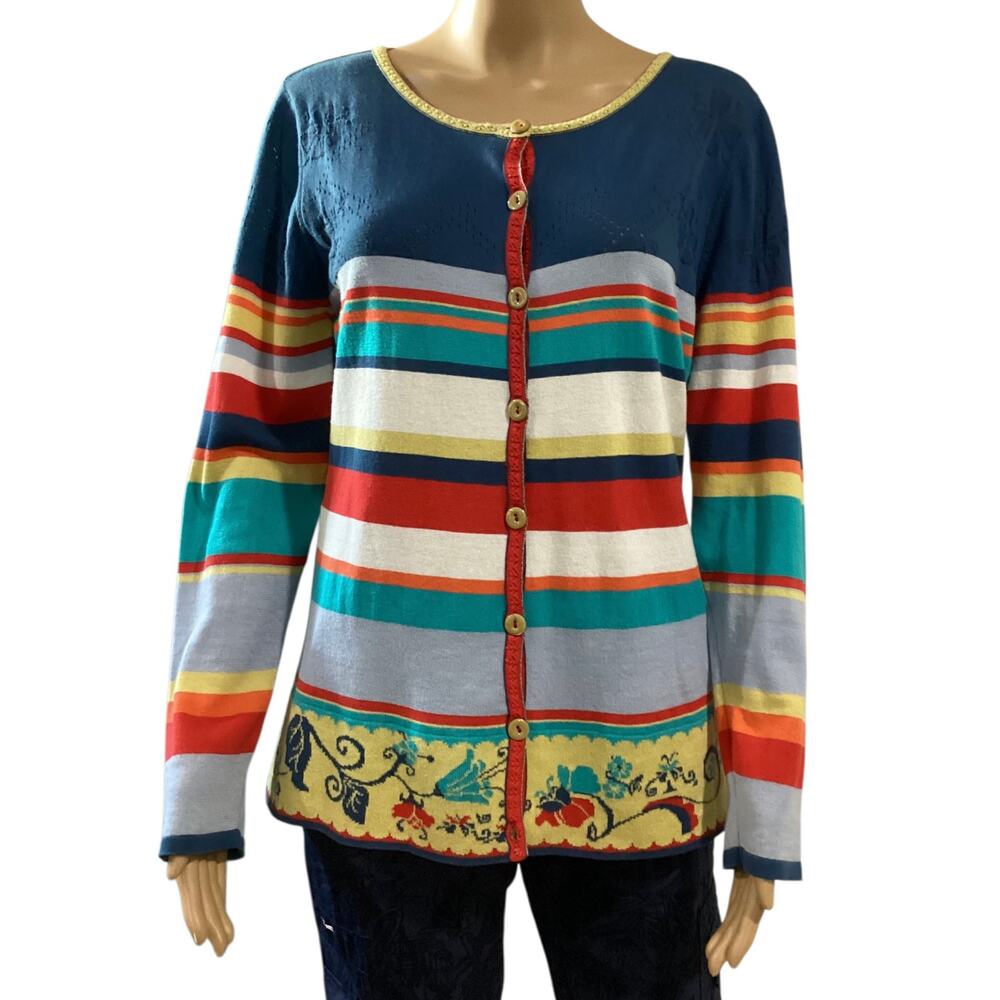 IVKO Multicolor Striped Knit Cardigan Floral Hem Pointelle Yoke Boho Sz 42/ US L